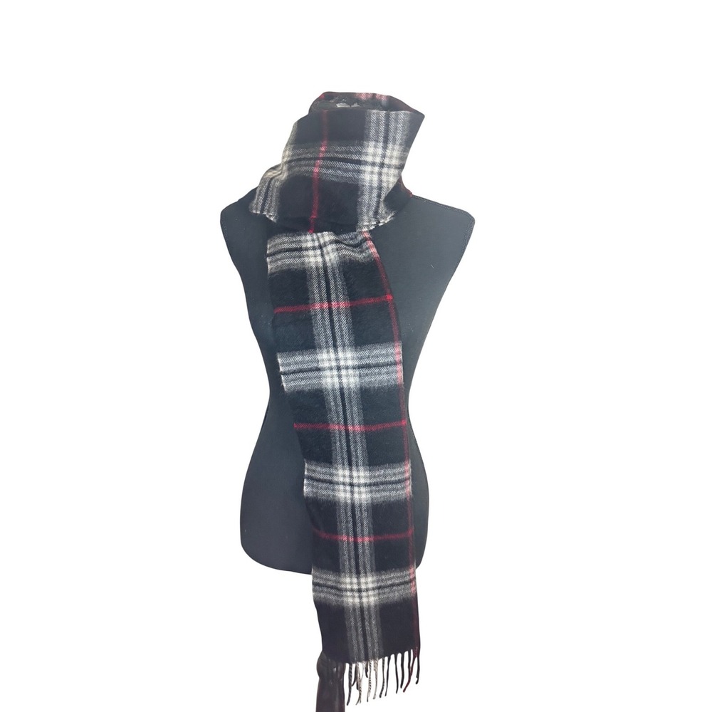 FRAAS‎ Luxury 100% Cashmere Plaid Scarf Black Red White Fringe OLDSTOCK